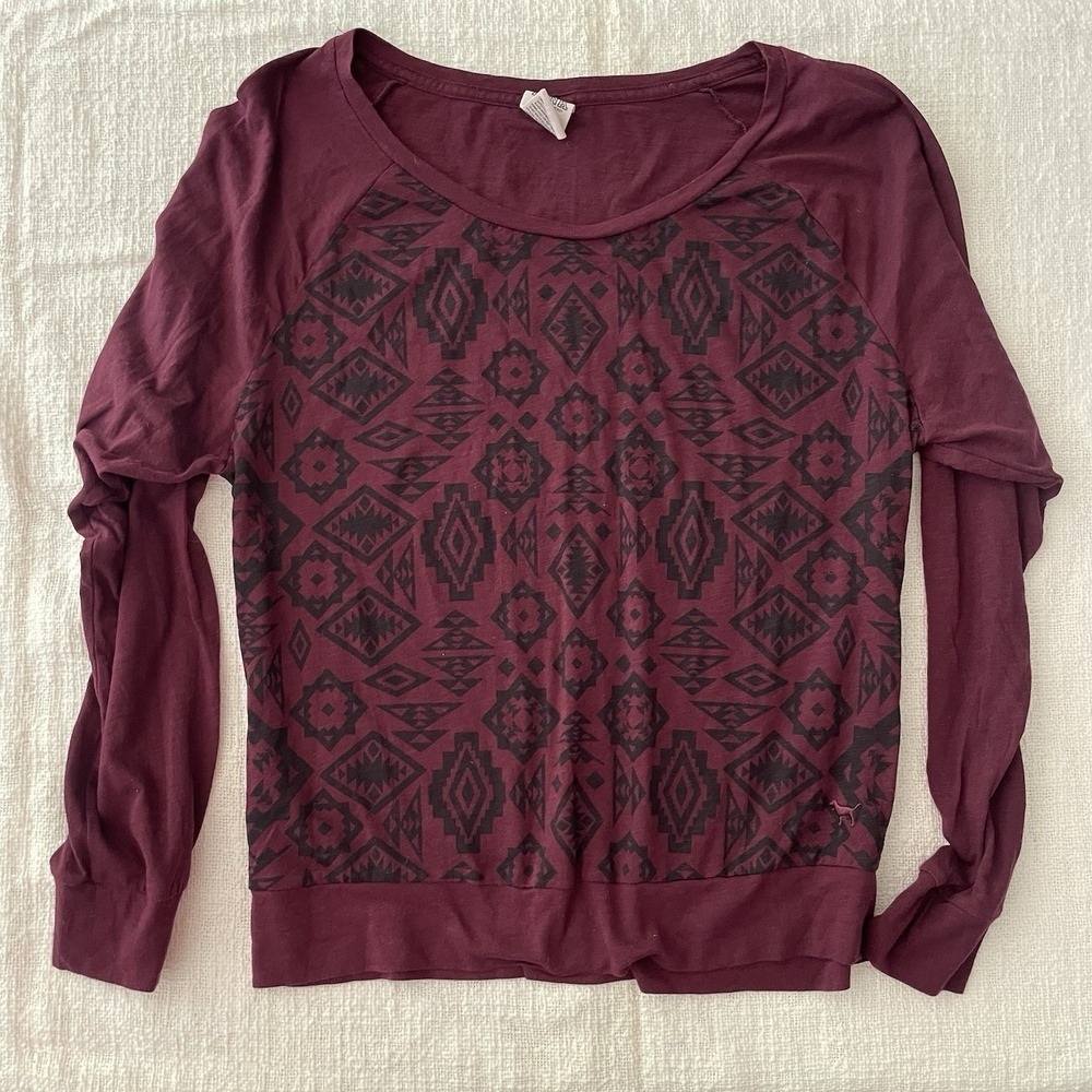 PINK Victoria Secret Large Maroon Tribal Print Long Sleeve Top Shirt‎ Aztec